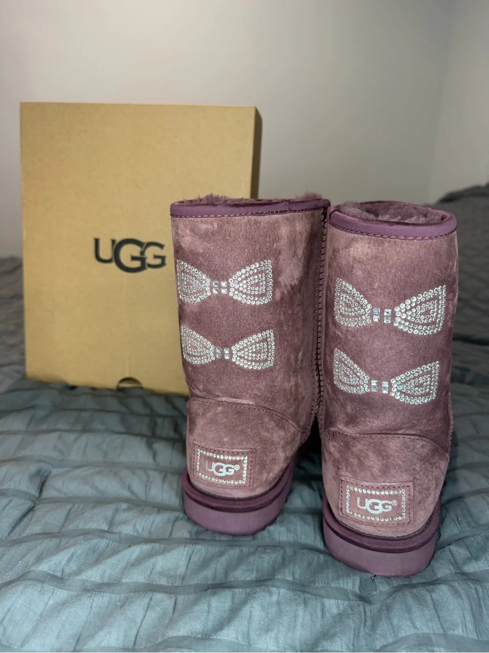 UGG Women's Purple Suede Short Boots with Swarovski Crystal Bow Bling Accents